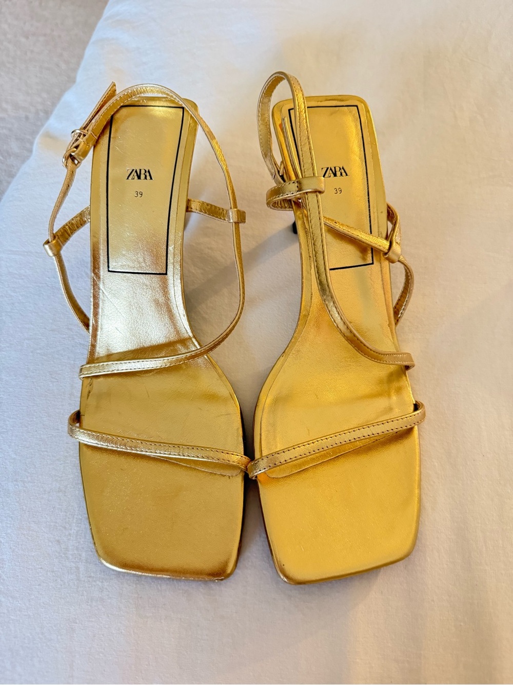 ZARA Metallic Gold Strappy Square-Toe Slingback Sandals